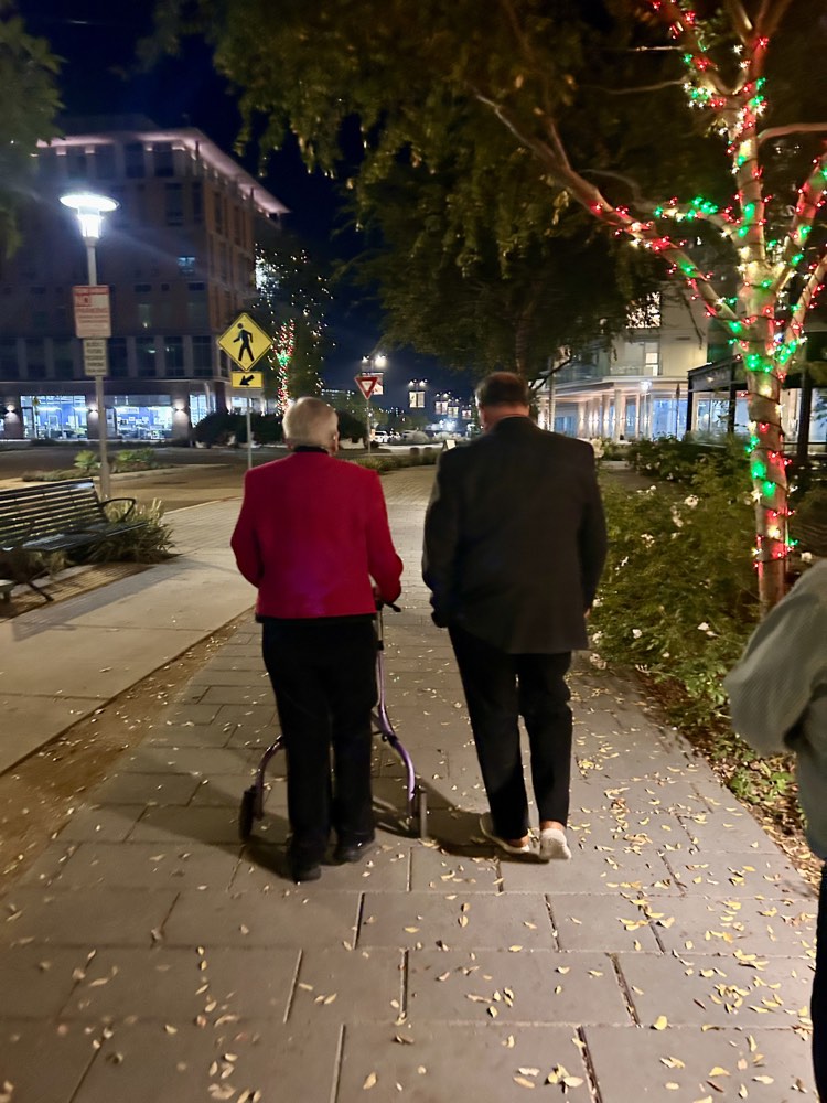 An evening walk together, holiday lights strung through the trees